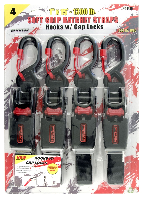 Erickson 01416 Soft Grip Strap, 1 in W, 15 ft L, Black, 433 lb Working Load, S-Hook End